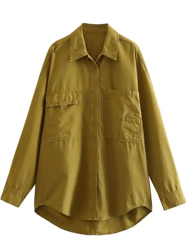

MESTTRAF Женская мода 2023 карманы рубашка пальто Женская мода воротник с лацканами длинный рукав свободная верхняя одежда шикарные топы