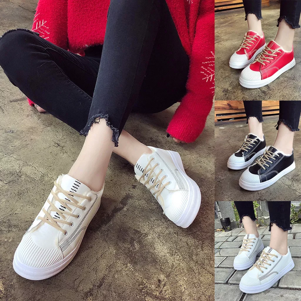 

Casual Shoes Woman Lace Up Solid Sneakers Plus Velvet Flat Bottom 2021 The New Mid Heel Round Toe Casual Shoes Woman