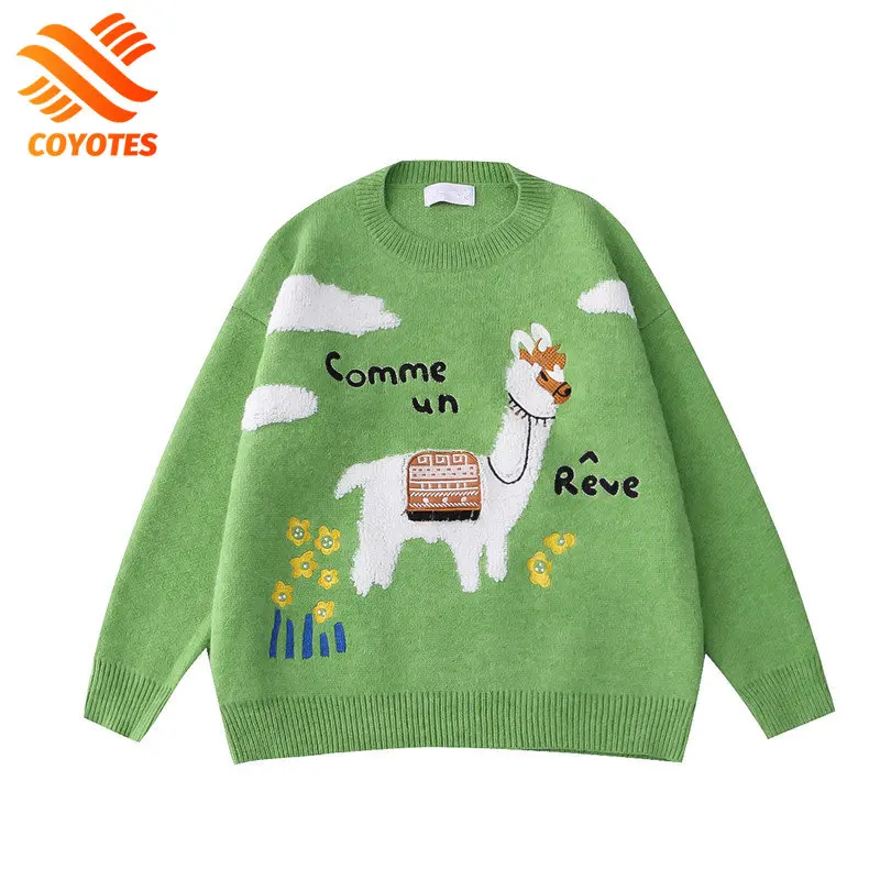 

COYOTES Harajuku Knitted Sweater Alpaca Patch Embroidery Pullover Men Women O-neck Autumn Long Sleeve Green Jumple Top