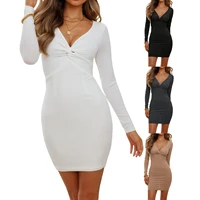new women twist front bodycon knitted dress ladies fashion solid color sexy deep v neck long sleeve ribbed wrap dress