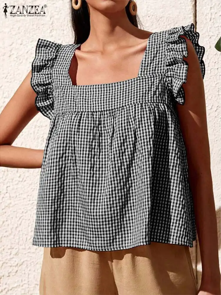 

ZANZEA Summer Women Vintage Blouse Square Neck Sleeveless Beach Tops Casual Plaid Checked Ruffles Holiday Blusas Party Shirt