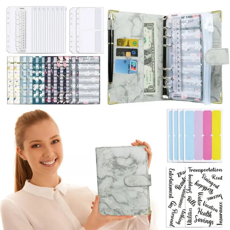 

Cash Budget Binder Cash Stuffing Envelopes Binder Set Gray PU Leather Savings Bill Binder Budget Planner Money Folder Organizer