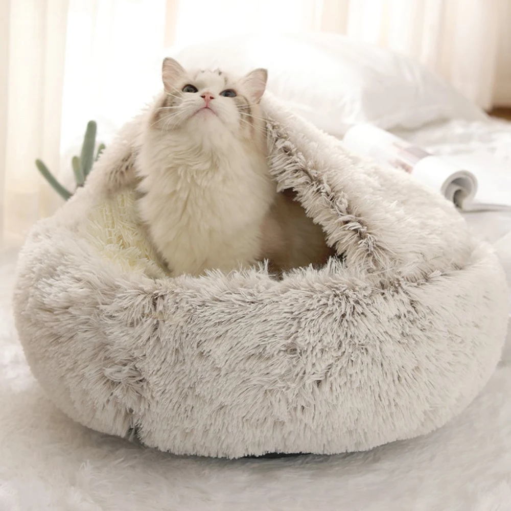 

New Warm Dog Cat Bed Round Long Plush Cat's House Cave Pet Kitten Cushion Basket Sleepping Mat for Cats Small Dog Chihuahua Nest