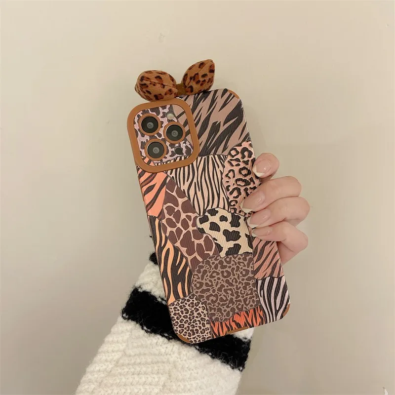 

Cute Three-dimensional Leopard Print Bow Tie Flowers Soft Case For Iphone 11 12 13 Pro Max 7 8 Plus Xr X Xs Leather Cover Fundas