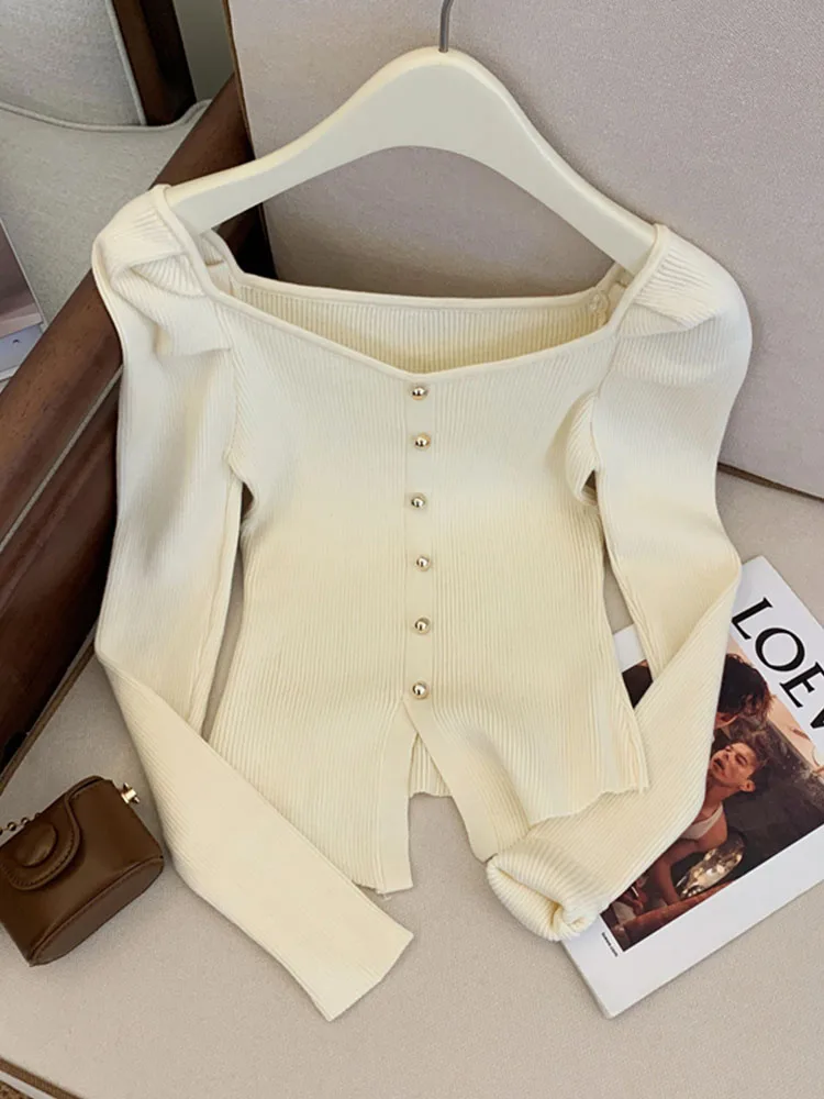 ł koreański styl szykowny sweter z dzianiny kwadratowym kołnierzem wysokiej jakości damskie topy długim rękawem jesień 2024 nowy guzikami