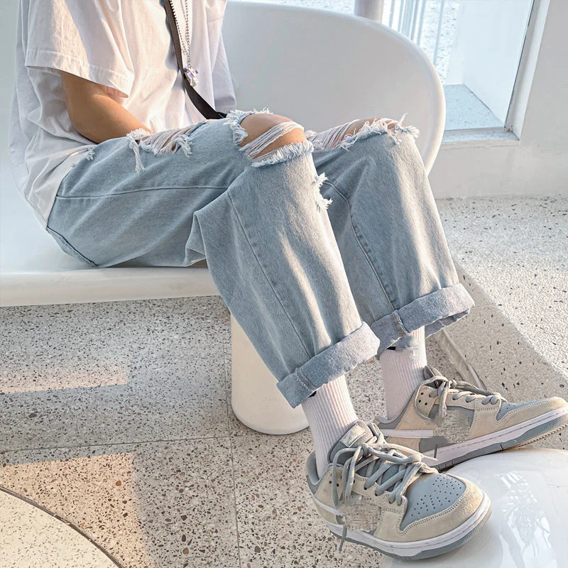 Light Blue Hole Jeans for Men Summer Fashion Casual Trousers Thin Loose Pants Bottoms Vintage Male Cloting Streetwear Plus Size