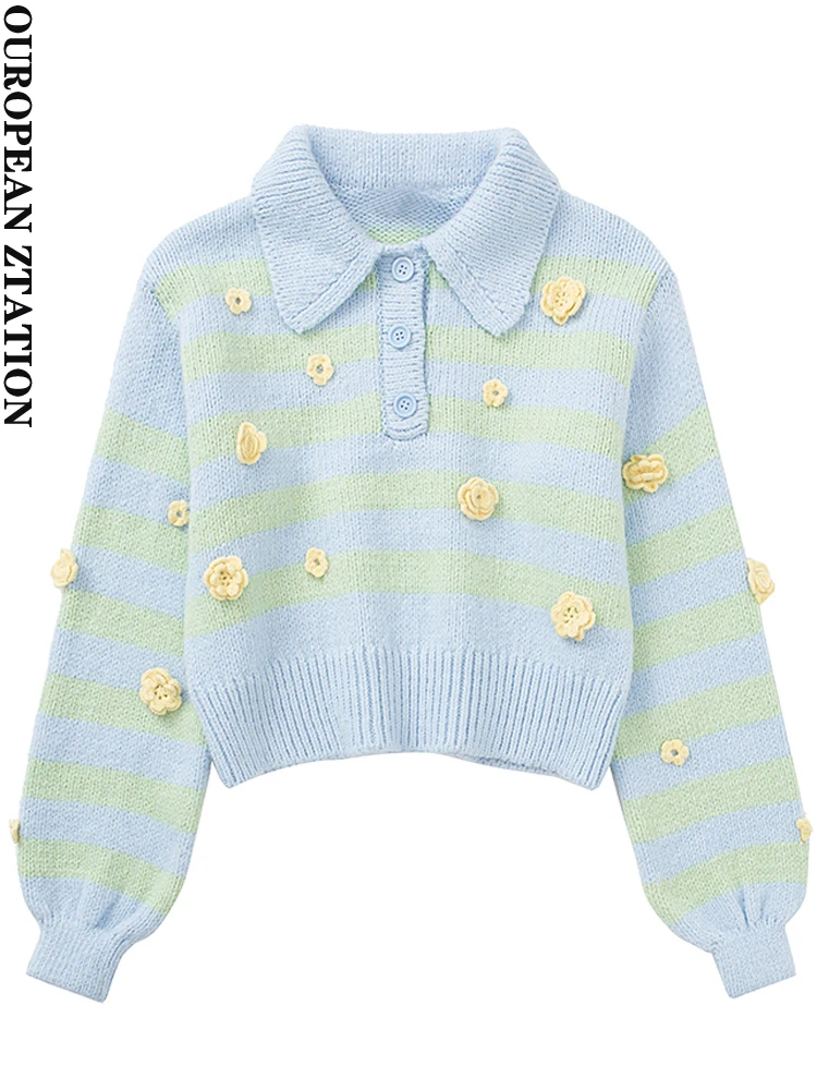 

Women 2022 za fashion floral embroidery knit sweater vintage polo collar long sleeve female pullovers chic tops