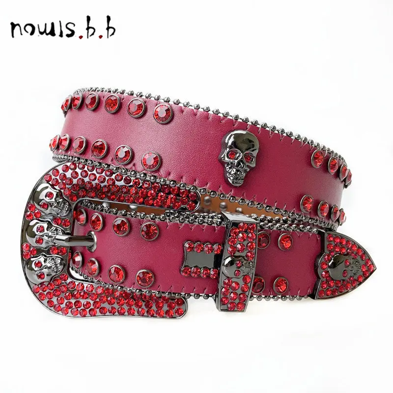 NOWISBB Red Crystal Studded Rhinestones Belts Luxury Brand Leather Strap Western Cowgirl Cowboy Diamond Bling Y2K Belt For Jean