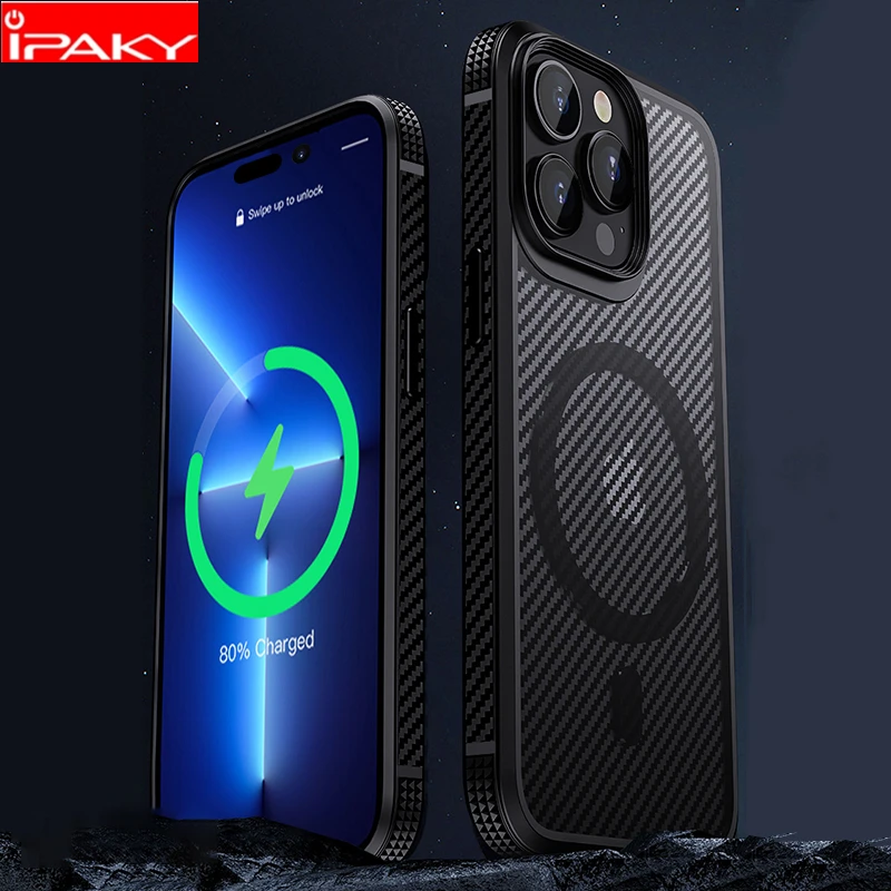 

IPAKY for iPhone 14 13 12 Magnetic Case 14 Pro 14 Plus Carbon Fiber Translucent Charging Case for iPhone 12 13 14 Pro Max Case