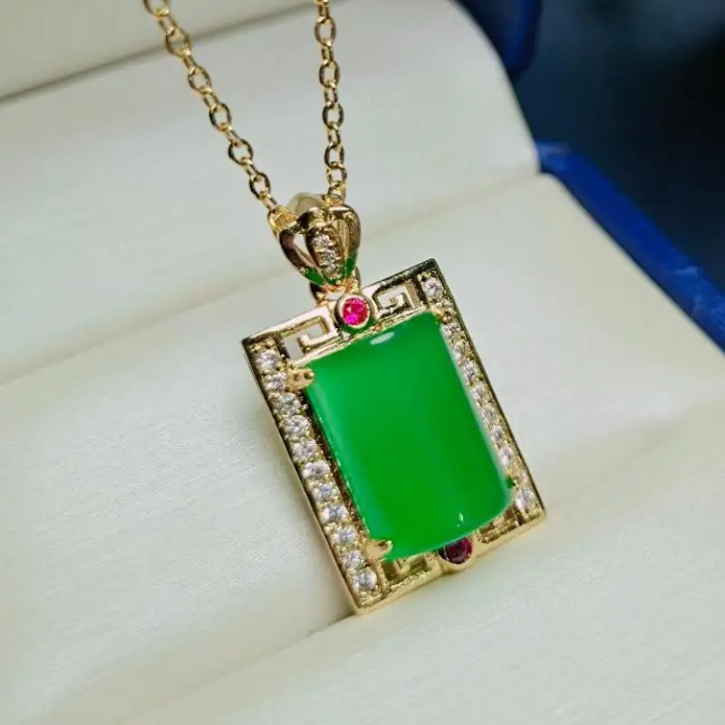 

Rectangle Green Jade Pendant Necklace Women Chrysoprase Fashion Charms Jewellery Gifts For Ladies Certified Jades Stone Necklace