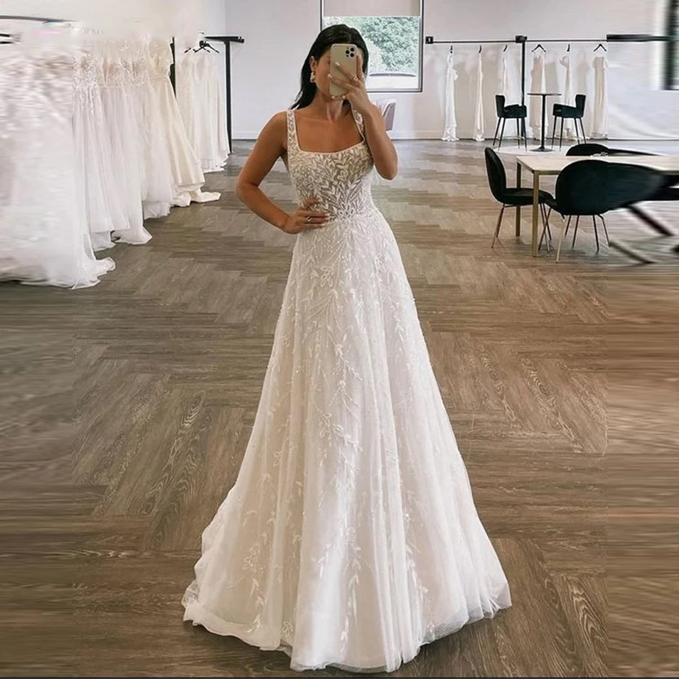 

Elegant Lace Floral A-Line Wedding Dress for Bride Wide Straps Floor Length Women Bride Gowns Robe de mariage Plus Size