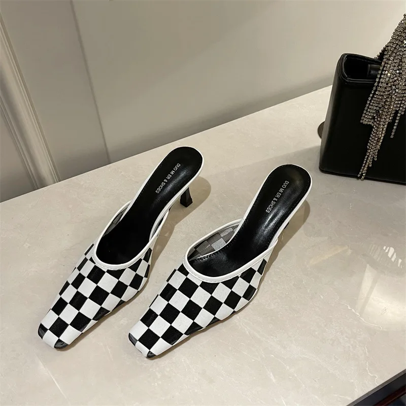 

Fashion Checkerboard Brand Pointed Toe Women Slippers 2022 New Ladies Slip On Mules Thin High Heel Slides Shoes Size 35-39