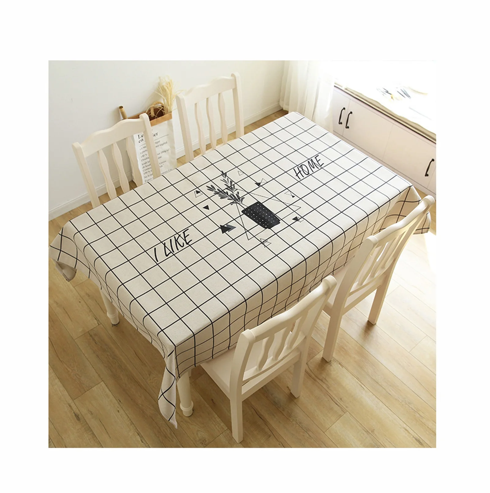 

Cotton Linen Tablecloths, Waterproof Table Covers Plaid Plant Triangle Black White Dining Table Coffee Table Deco