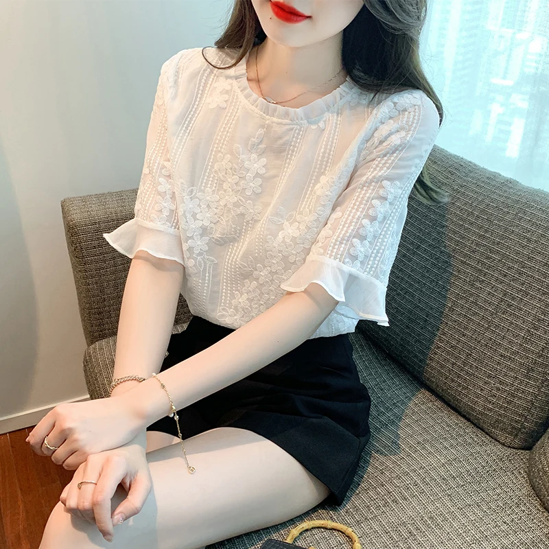 

Summer Short Sleeve Lace Shirt Women Clothing 2023 French Elegant and Youthful White Blouse Tops Mujer De Moda Female Clothes