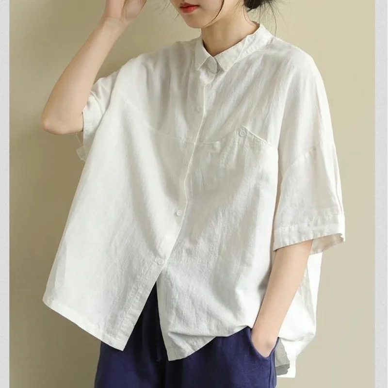 

Cotton Linen Blouse Large Size Loose Retro Short-sleeve Shirt Summer New Lapel Solid Color All-match Casual Breathable Women Top