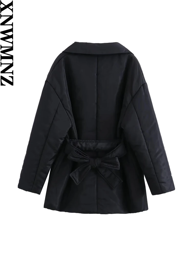 XNWMNZ Women Fashion Winter Belt Thick Warm Padded Parkas Coat Jacket Vintage Long Sleeve Front Button Female Outerwear Chic Top
