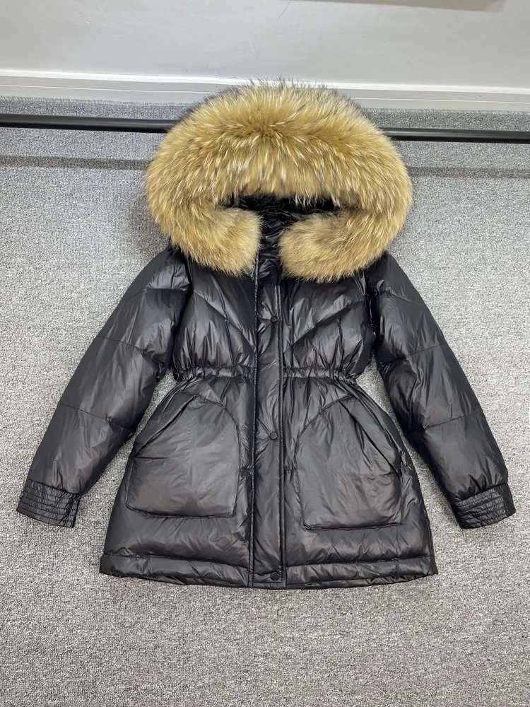 Waterproof Winter Women's Puffer Jacket 2023 Shiny Female Parkas 90% Duck Down Coat Hooded with Large Real Raccoon Fur