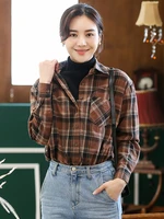 holiday plaid summer women blouse shirt caffee blue style grid female shirts turn down collar long sleeve women tops loose 2022