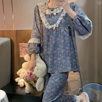 pajamas womens spring and autumn korean doll collar sweet court style lace home suit suit can be worn outside