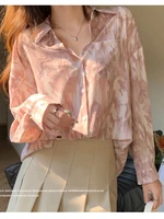 2022 spring new korean version gentle wind printing lapel chiffon single breasted long sleeved blue casual shirt