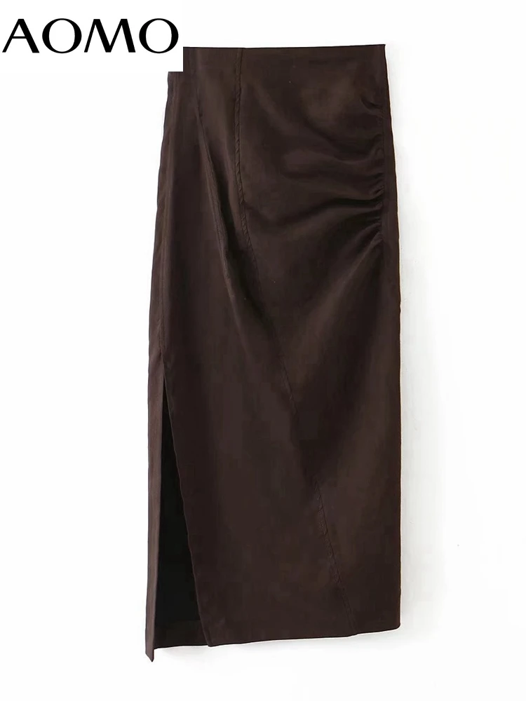 

AOMO 2022 New Women Solid Side Pleated Midi Skirt Vintage Zipper Ladies Chic Mid Calf Skirts 1M69A