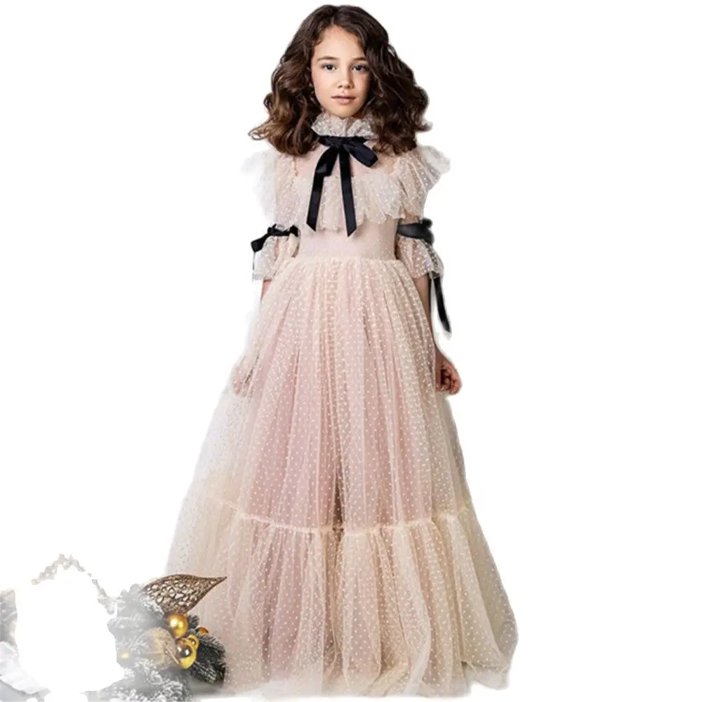 

Amaya Tulle Polka Dots Flower Girl Dresses Princess Long Sleeves Bow Sashes Holy Communion Gown Kids Prom Dress Vestidos Niña