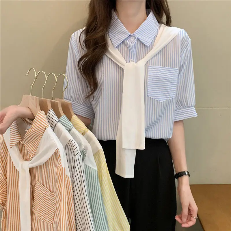 

EBAIHUI Striped Women Shirt with Shawl Fake Two Pieces 2022 Summer Office Lady Casual Short Sleeve Button Blouse Female Shirts