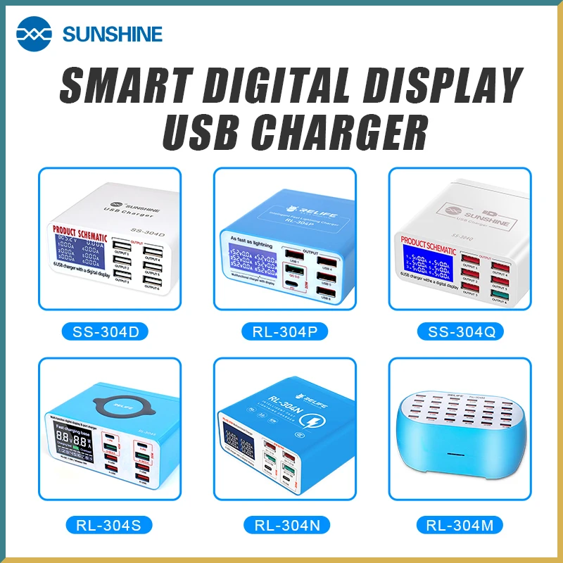 

RELIFE 304P SS-304D SS-304Q Smart 6 Port USB Digital Display Lightning Charger For iPhone Samsung Huawei Xiao Vivo Opop