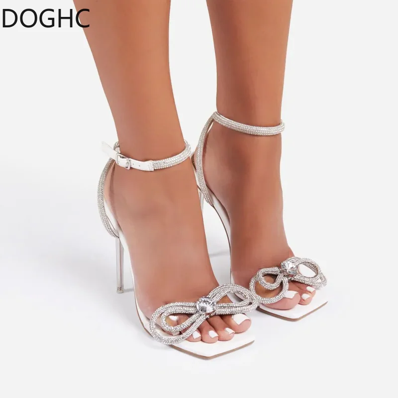 

Ladies Sandals Crystal Heels Summer Wedding Party Pump Rhinestone Bow Tie Open Toe Ladies Sheer High Heels Sandals Heels Women