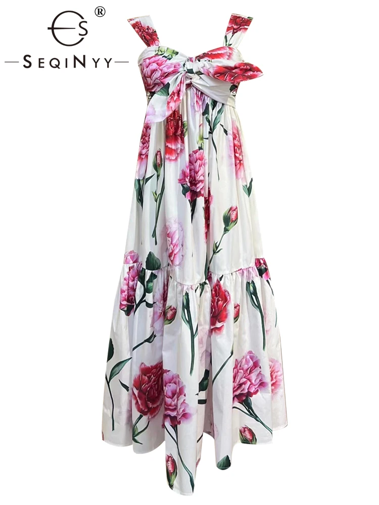 SEQINYY White Dress Summer Spring New Fashion Design Women Runway High Quality Vintage Sicily Flowers Print Elastic 100% Cotton