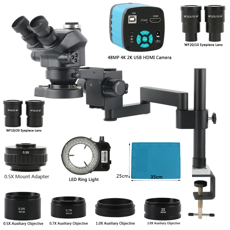 Складной тринокулярный микроскоп с зажимом и основанием для удлинения + 3,5x-200X зум + 1080P 48 МП 4K 2K HDMI USB TF набор видеокамер