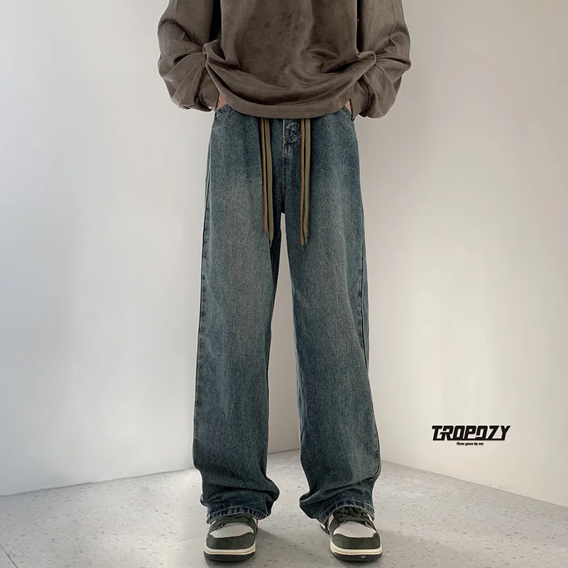 

Hybskr New Men's Straight Stripe Jeans Dark Wide Leg Hip Hop Male Loose Denim Pants High Street Unisex Casual Trousers