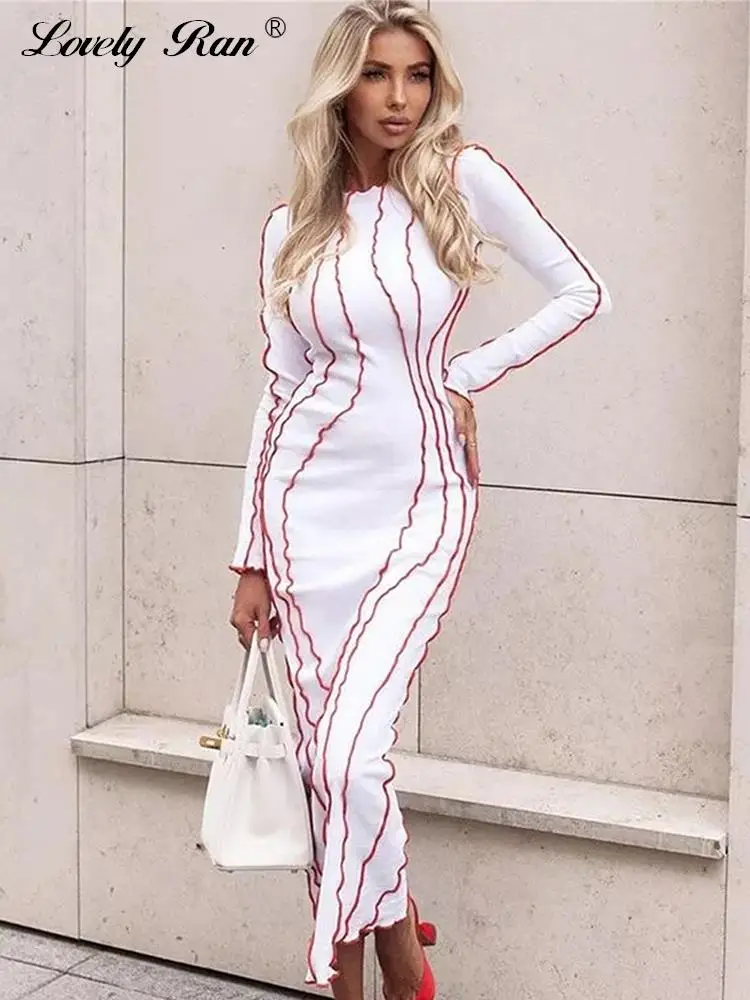 

Strip Women's Dress Sexy Bodycon Midi Dresses Female 2022 Autumn Winter White O-neck Long Sleeve Party Club Lady Vestidos