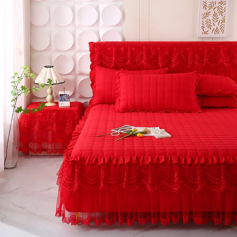 Корейская принцесса утолщенная стеганая кружевная юбка-кровать большой красный