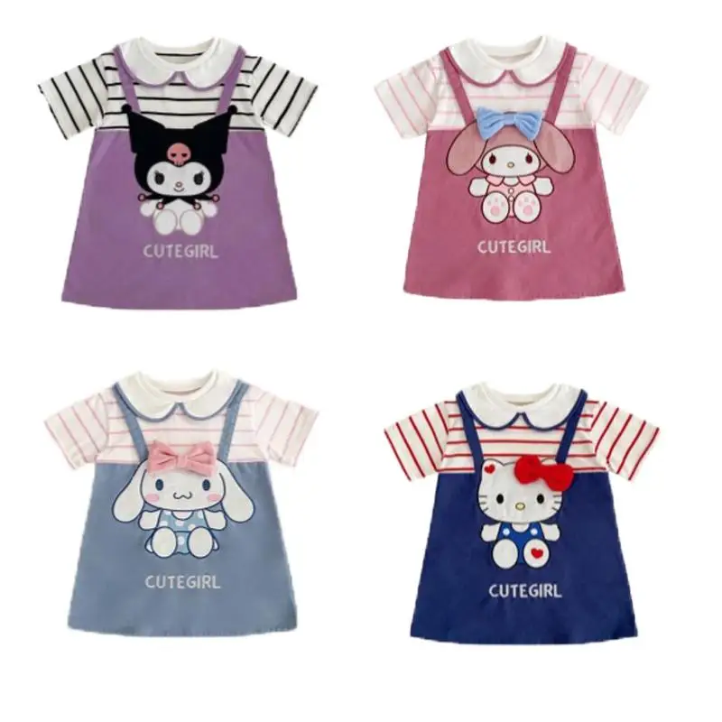 

Kawaii Sanrios Cinnamoroll My Melody Kuromi Hello Kitty Оригинальное летнее платье для девочек в полоску из двух частей детская юбка