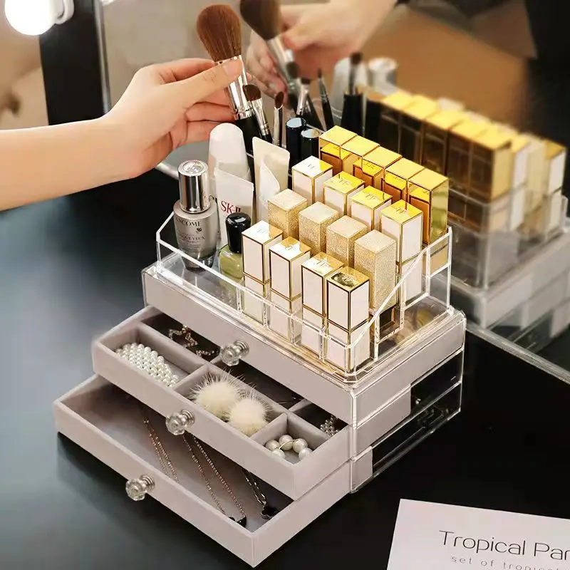 

Acrylic Makeup Organizer Case Large Cosmetic Lipstick Desktop Drawer Storage Boxes Jewelry Organizer Display Women Gift