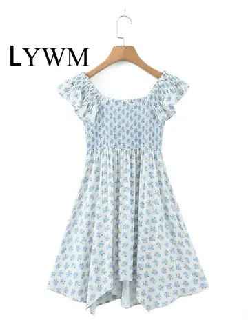 LYWM Women Fashion Printed Folds Mini Dress V-Necfk Short Sleeves Female Chic Lady Vintage Short Dress