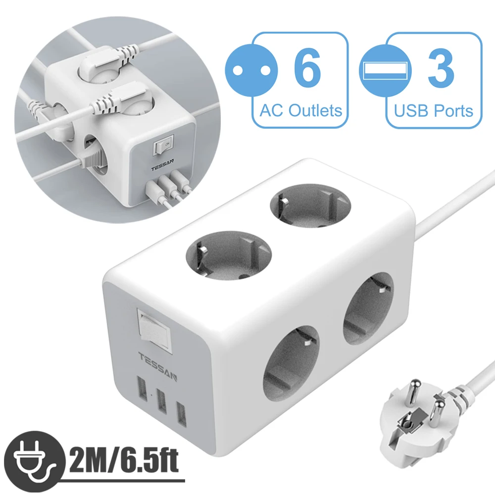

TESSAN 9 in 1 Power Socket Tower with 6 AC Outlets & 3 USB Ports, Multiple Socket Cube Power Strip with 2m Extension Cable