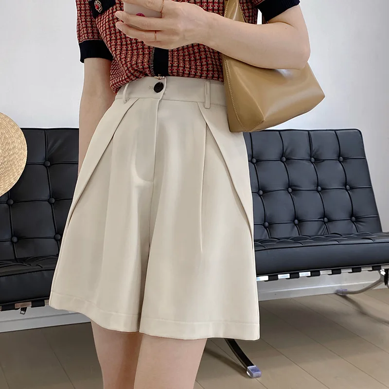 Summer Women's Shorts Casual Loose with Belt Wide Leg Shorts Woman Korean Pockets Office Knee-Length Short Pants