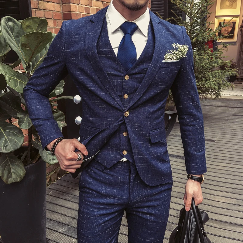 

( Jackets + Vest + Pants ) High-end Brand Casual Business Checked Mens Suit Groom Wedding Dress Formal Suit Men Blue Dark Grid