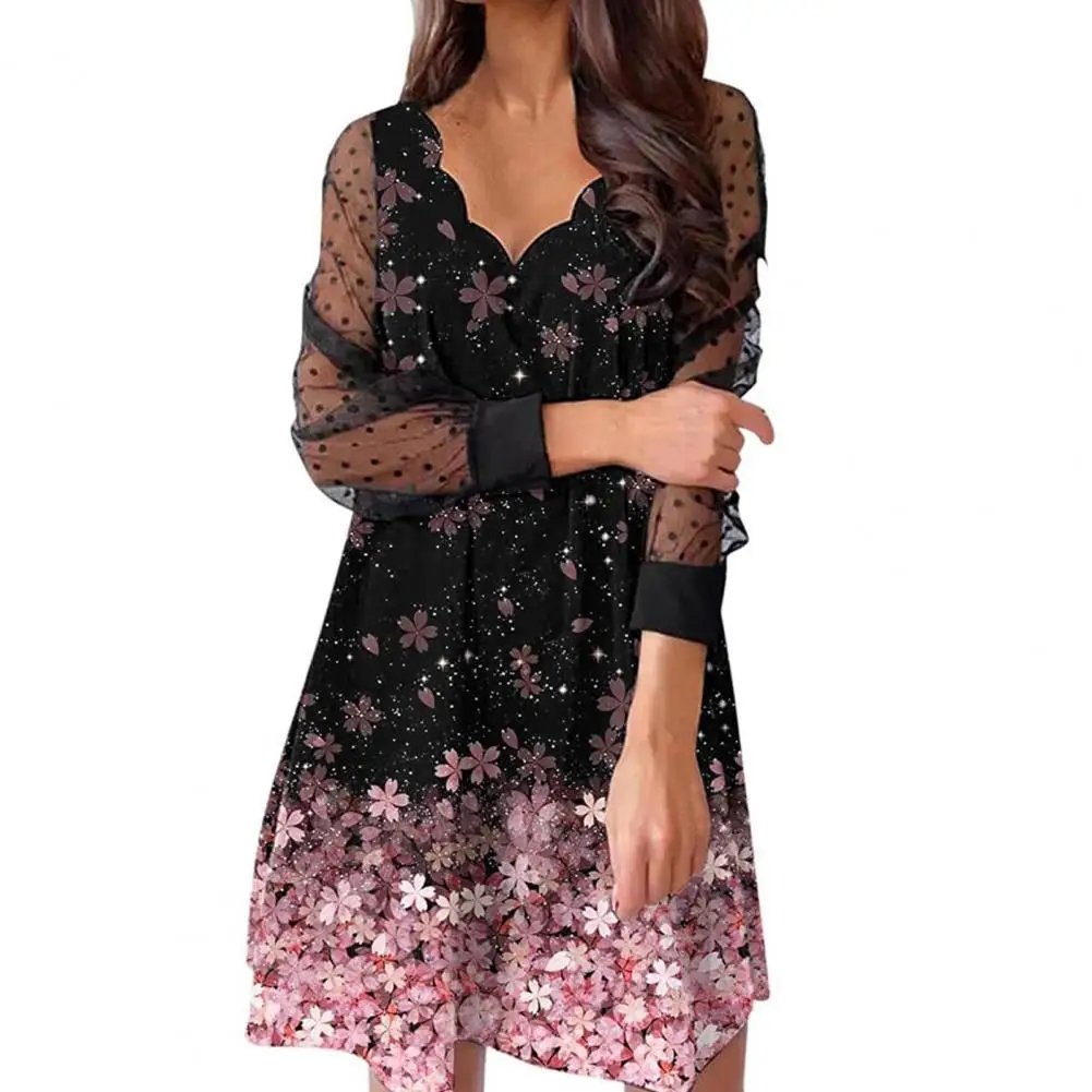 

Women Spring Dress Mid-length Sleeves Breathable Knee Length Temperament Loose Dress for Outdoor