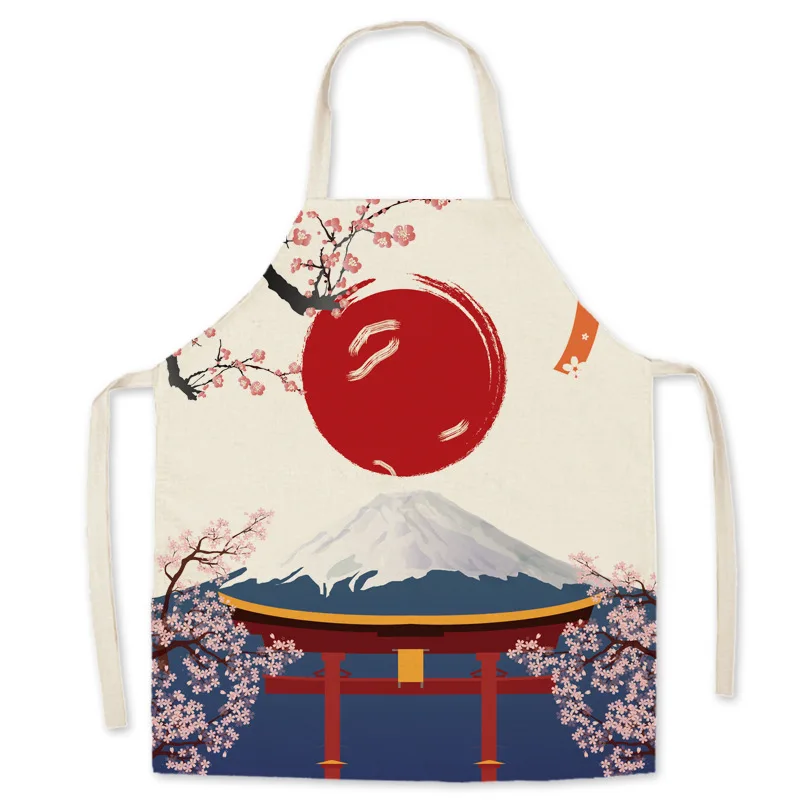 

1Pcs Kitchen Cooking Apron Japanese-style Printed Home Sleeveless Fuji Mountain Linen Aprons for Men Women Baking Accessories