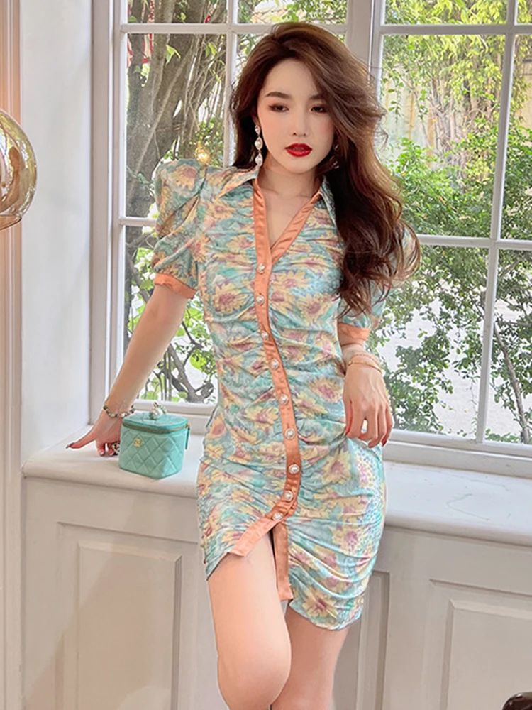 

Женское атласное мини-платье, элегантное винтажное зеленое однобортное облегающее платье с цветочным принтом, запахом и разрезом на бедрах, лето 2019