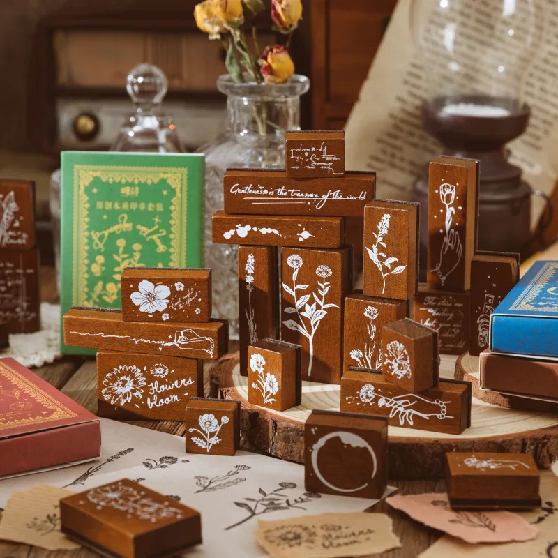 

6 Pcs Wooden Rubber Stamp Vintage Wooden Stamps Plant Flower Decorative Vintage Mounted Rubber Stamp Set For Diy Craft Scrapbook