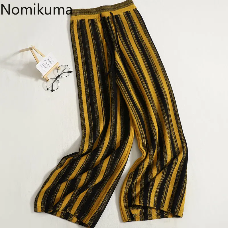 

Nomikuma Pantalones De Mujer осень зима контрастные цвета полосатые широкие брюки женские винтажные элегантные модные брюки для женщин