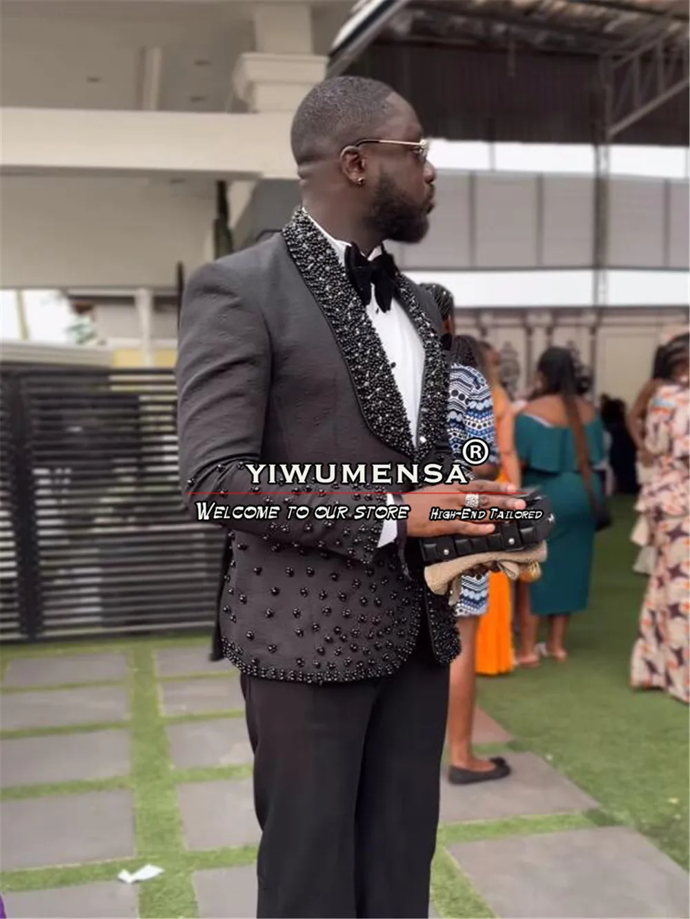 Элегантные мужские костюмы ручной работы черный тяжелый жемчуг Блейзер брюки 2