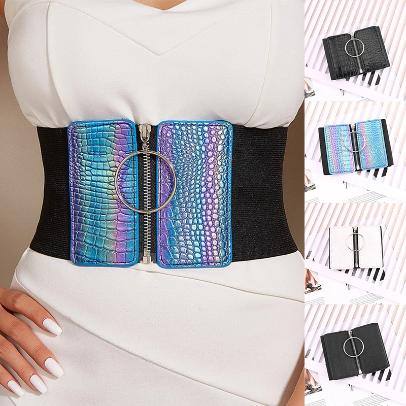 

Women Ultra Wide Belt For Dresses Ladies Elastic Belts Female Big Metal Circle Ring Black Clothing Accessories Waist Strap