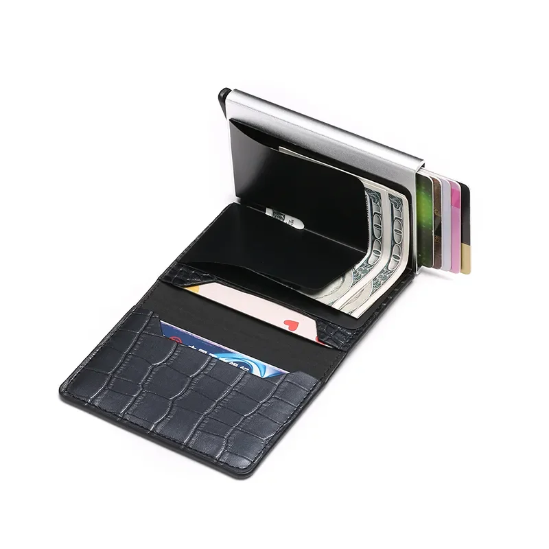 Card Holder Wallet Men Women Metal RFID Vintage Aluminium Bag Crazy Horse PU Leather Bank Cardholder Case