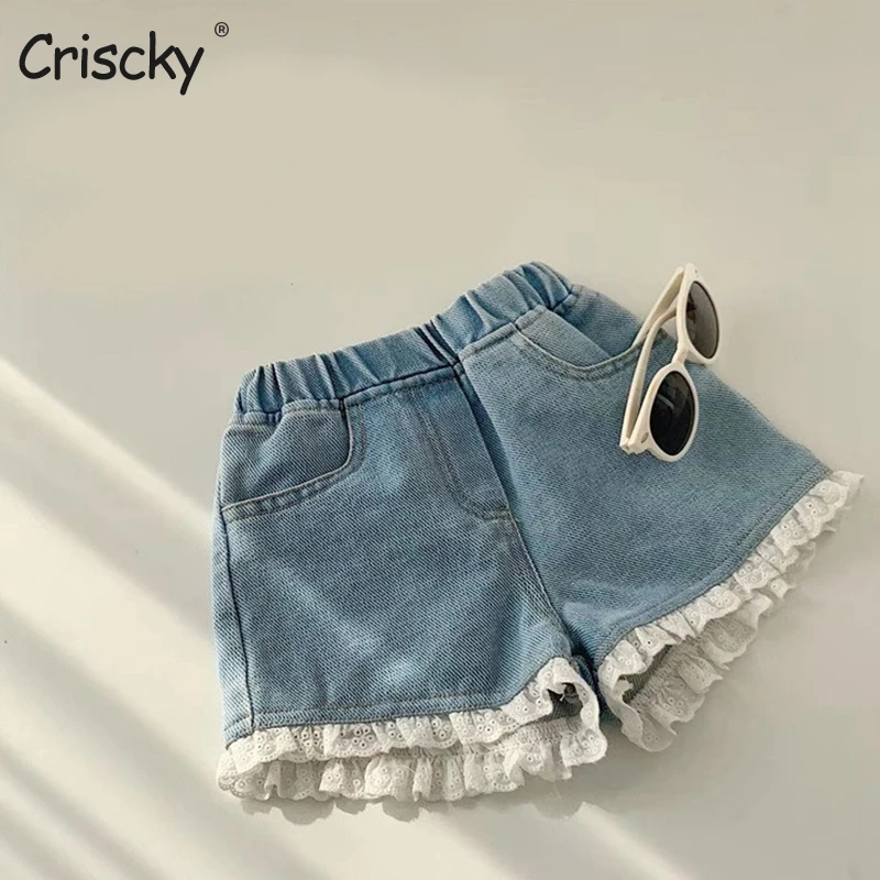 

Criscky New Summer Kids Short Denim Shorts For Girls Fashion Girl Short Lace Jeans Children Pants Girls Shorts Clothing