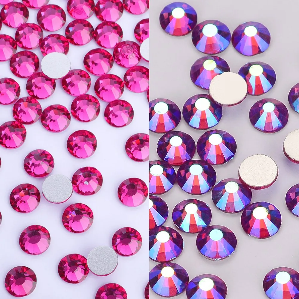 SS3-SS50 Fuchsia Glass Non Hotfix Rhinestones Flatback Glitter Round Crystal Strass Stones Nail Art Accessories For uñas Deco